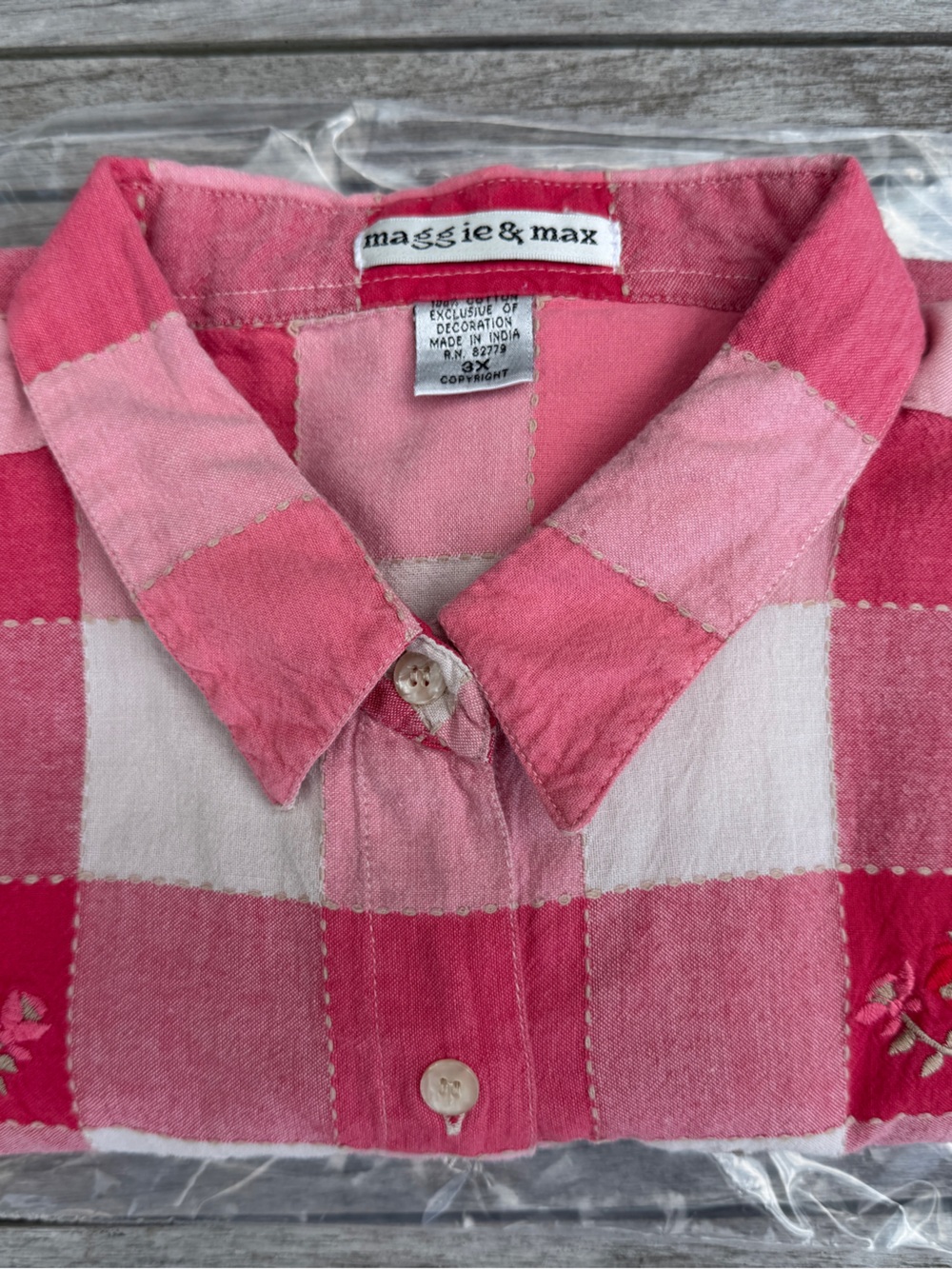 Vintage MAGGIE MAX Top Pink Plaid Button Front Cotton Embroidery Womens 3X - Picture 10 of 10